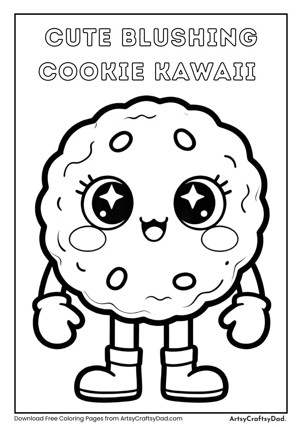 Adorable cookie with big sparkling eyes and blushing cheeks, black and white kawaii coloring page.