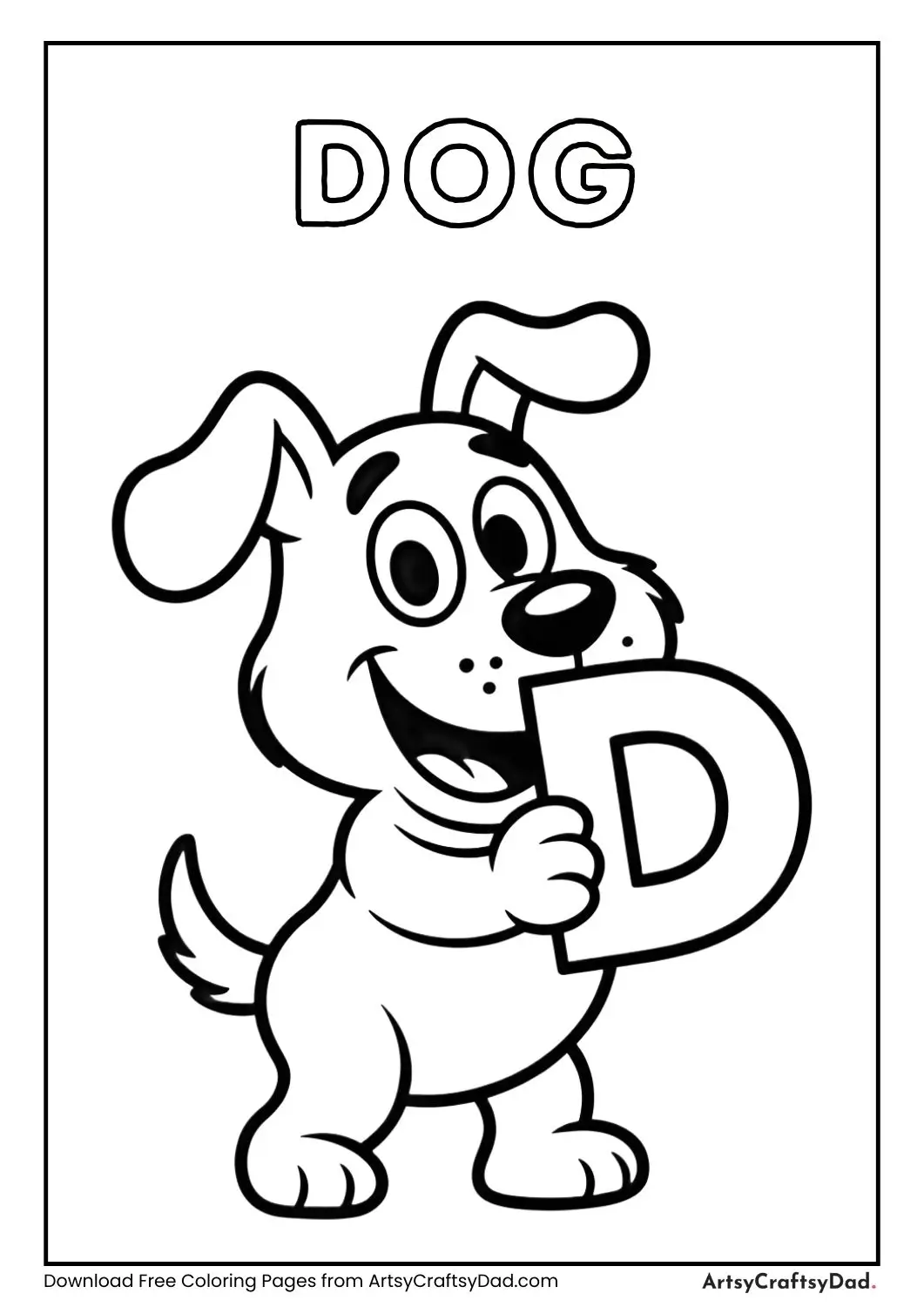 Dog holding letter D coloring page
