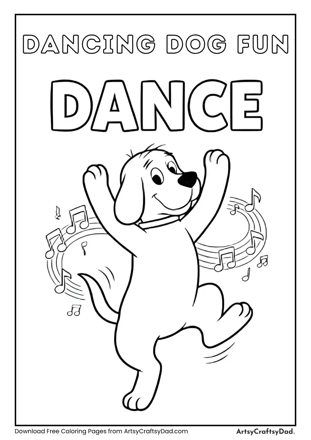 Cartoon dog dancing with musical notes and the word DANCE in a black and white coloring page