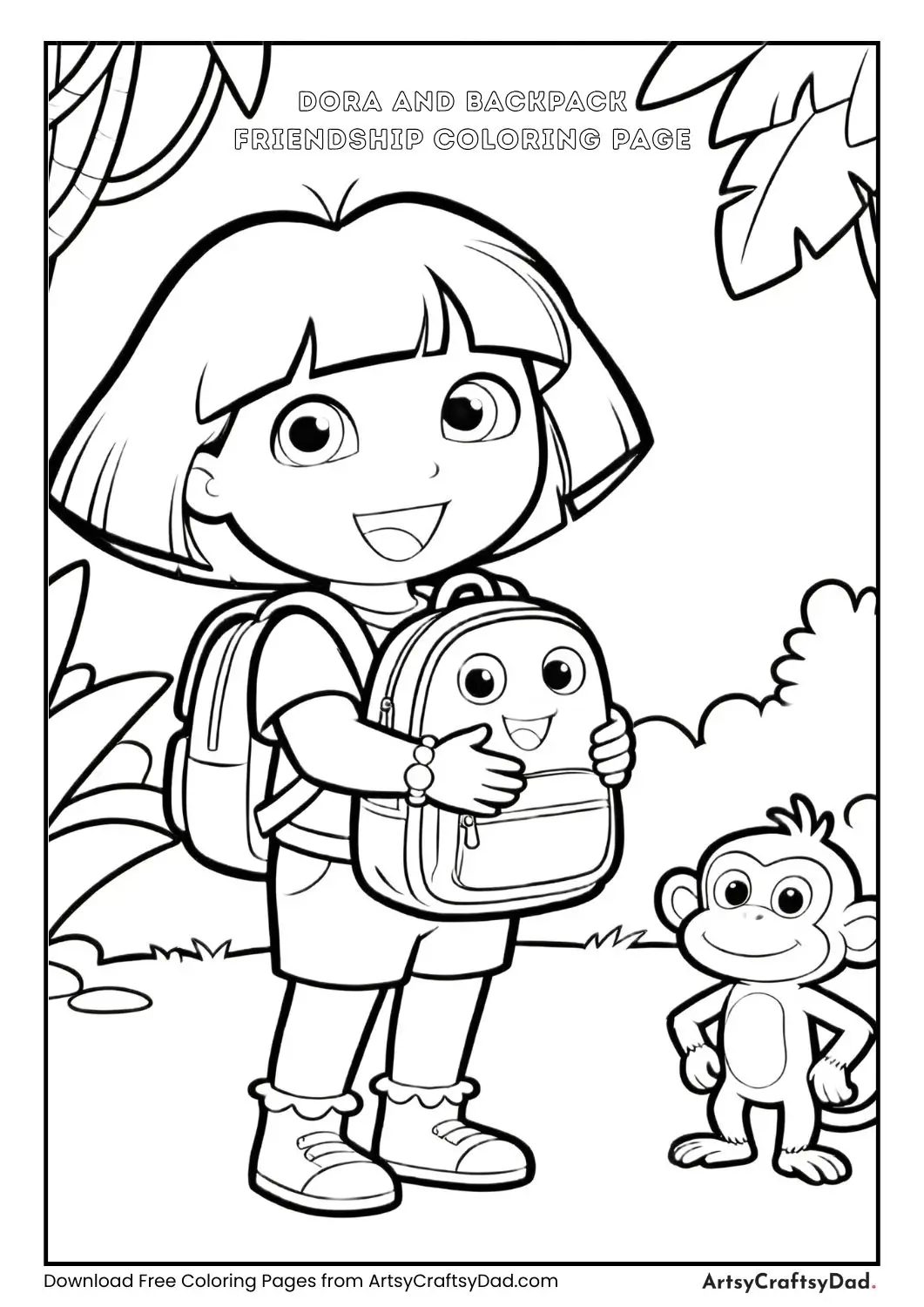 Dora hugging her backpack simple cartoon coloring page