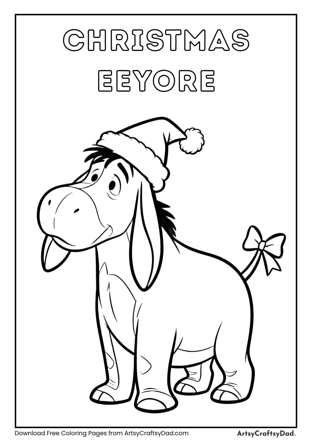 Eeyore wearing a Santa hat with drooping ears