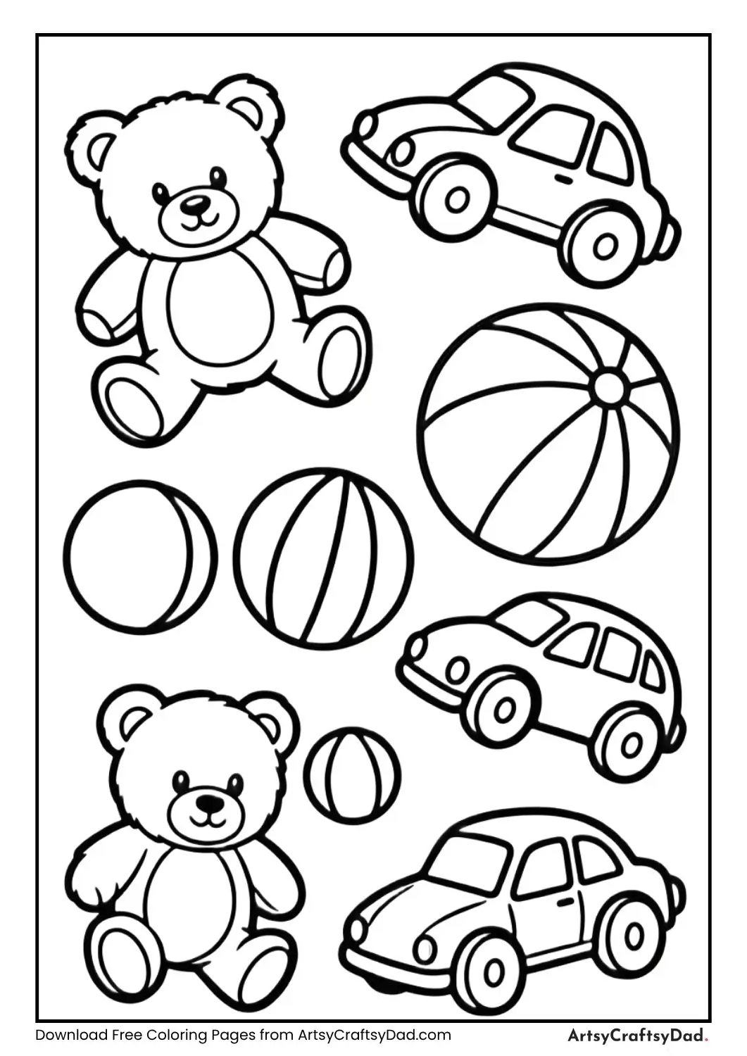 black and white teddy bear ball toy car floating coloring page