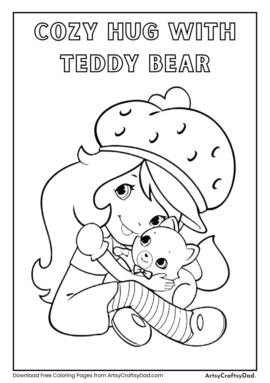 Girl in strawberry hat hugging teddy bear