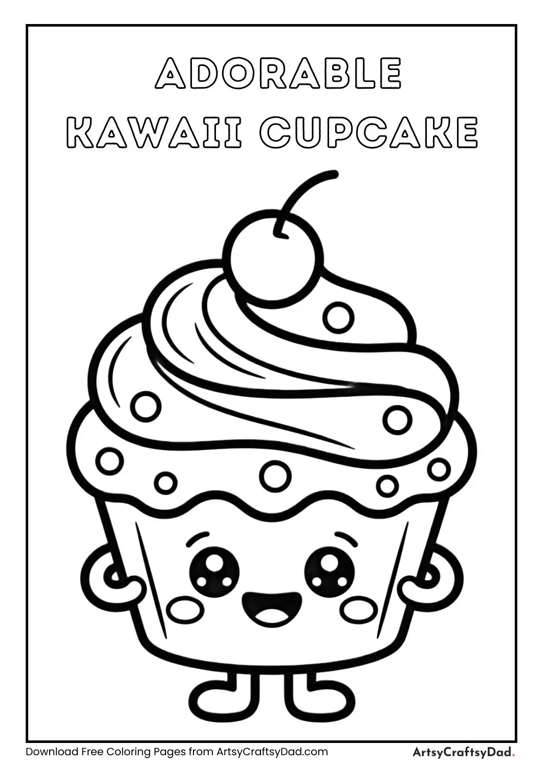 Cute kawaii cupcake character coloring page with frosting and cherry on top