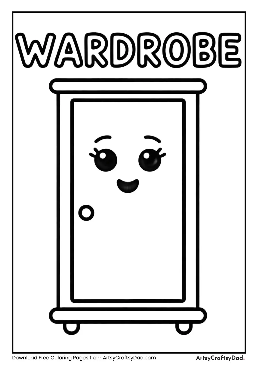 Cute kawaii wardrobe black and white coloring page with label WARDROBE