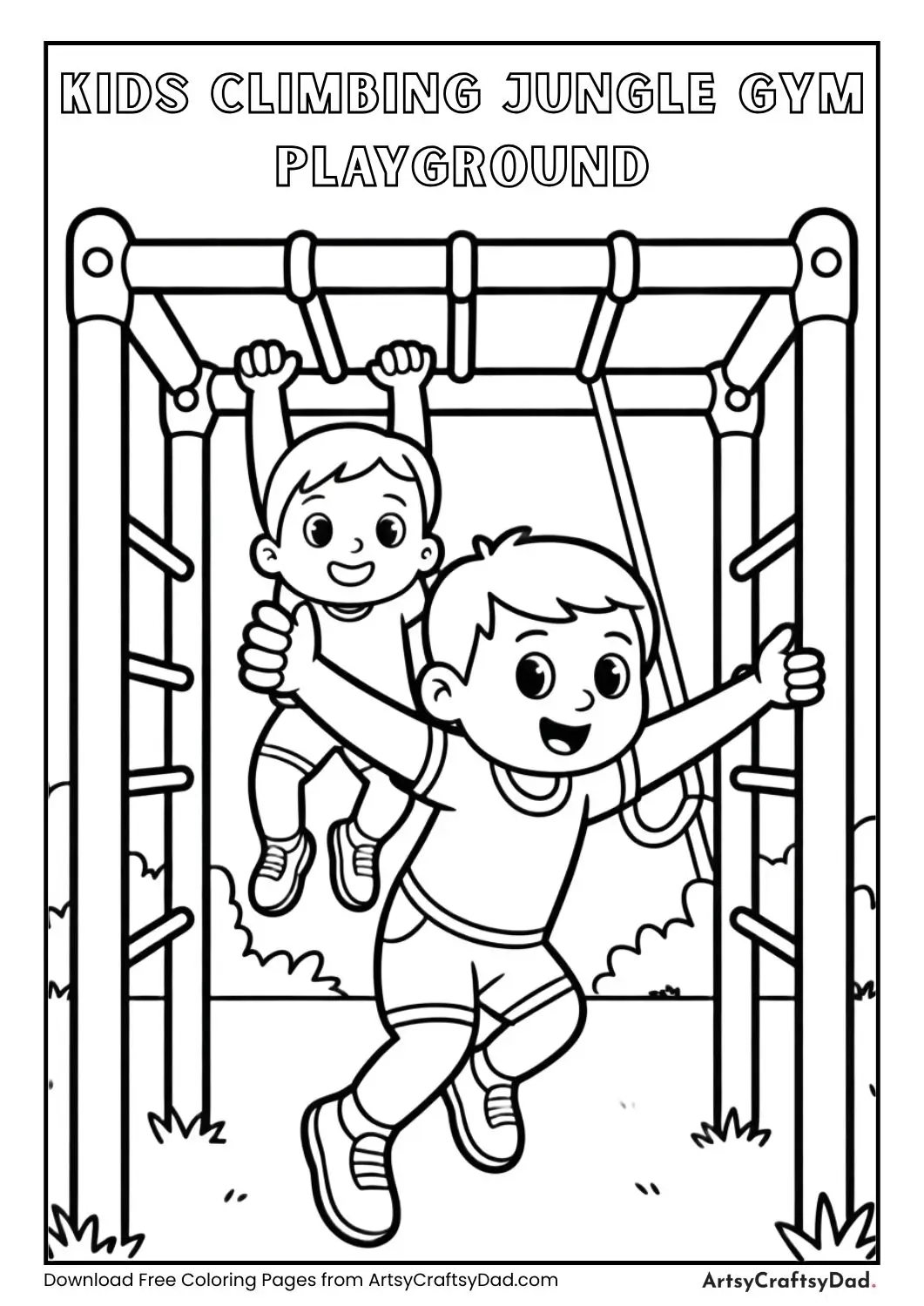Black and white coloring page of children climbing a jungle gym structure