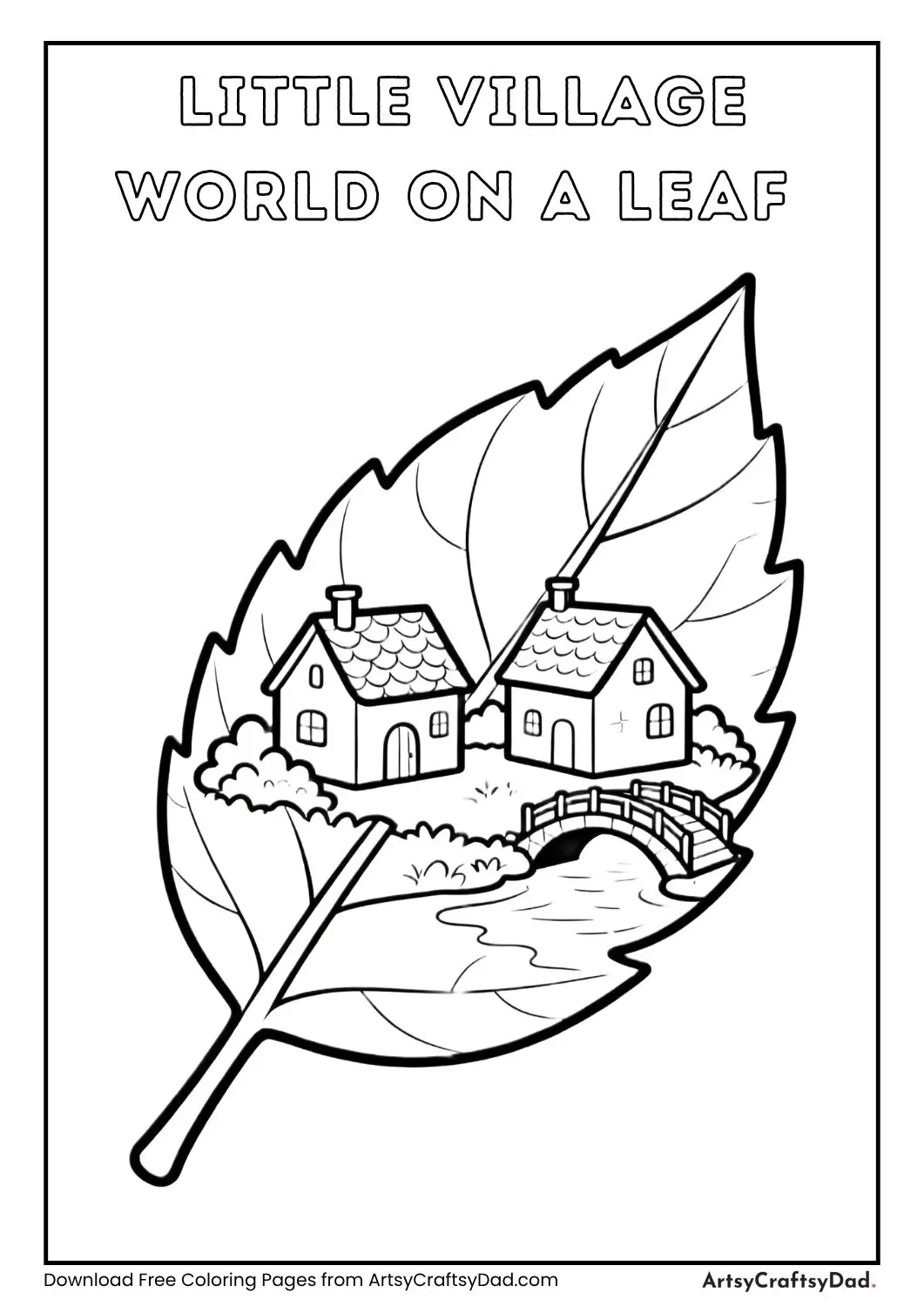 Small village on a big leaf with tiny houses simple black and white coloring page for kids