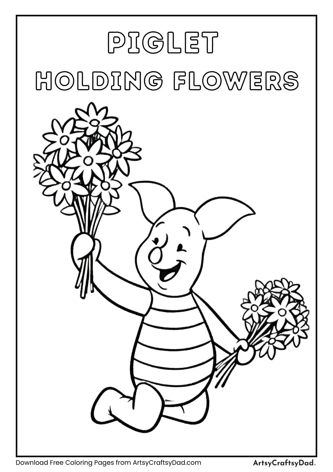 Black and white line drawing of Piglet kneeling and holding flowers in both hands for coloring.