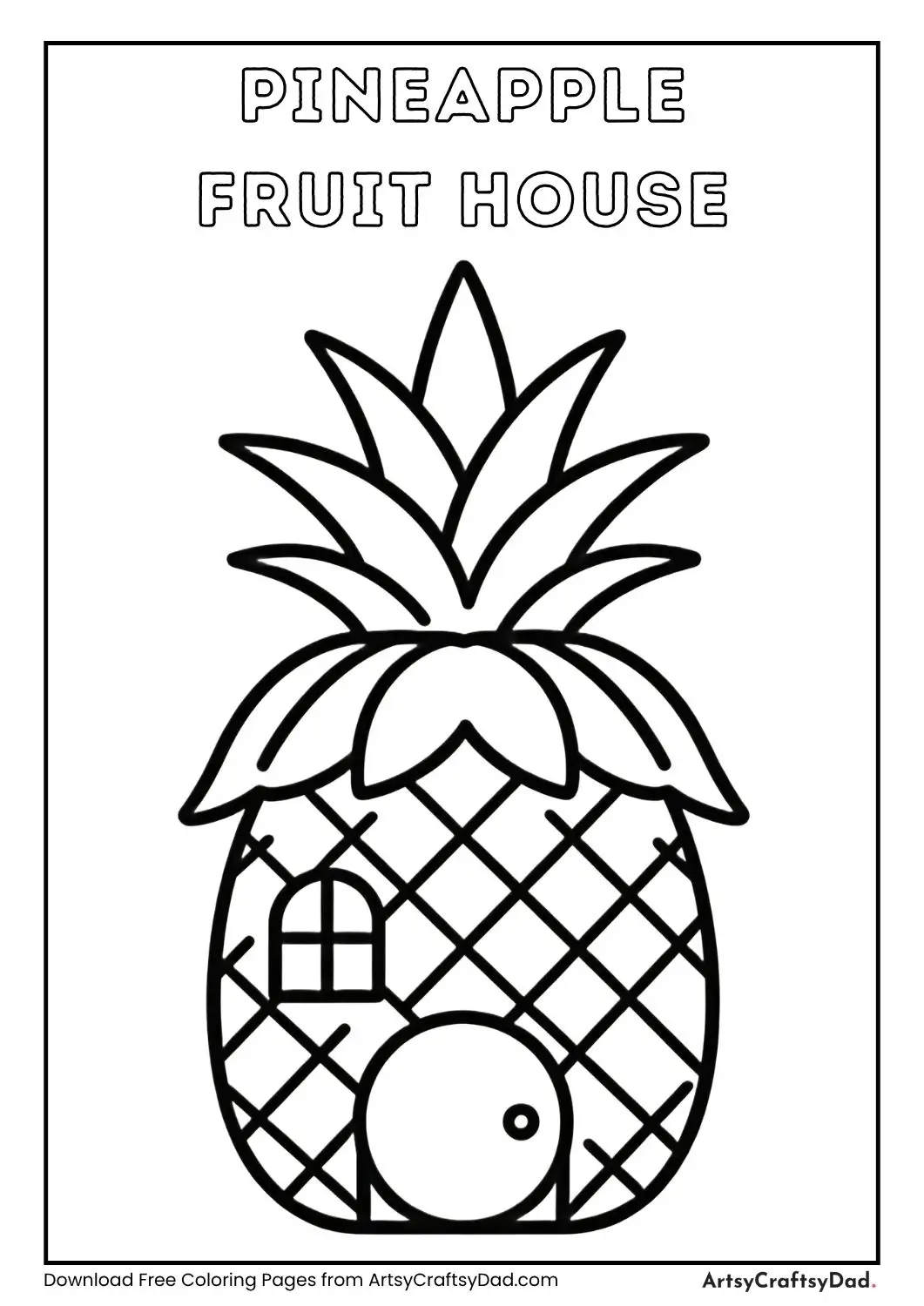 Black and white pineapple house coloring page with leaf roof and door