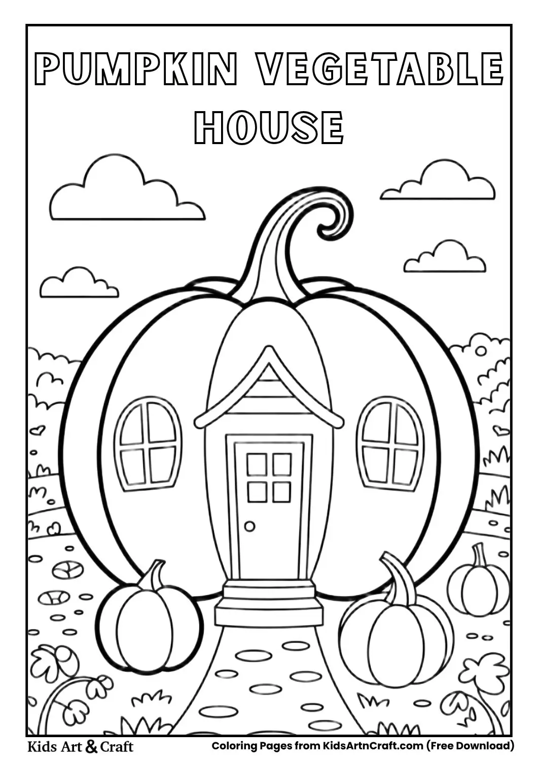 Simple pumpkin shaped house black and white coloring page with door and windows