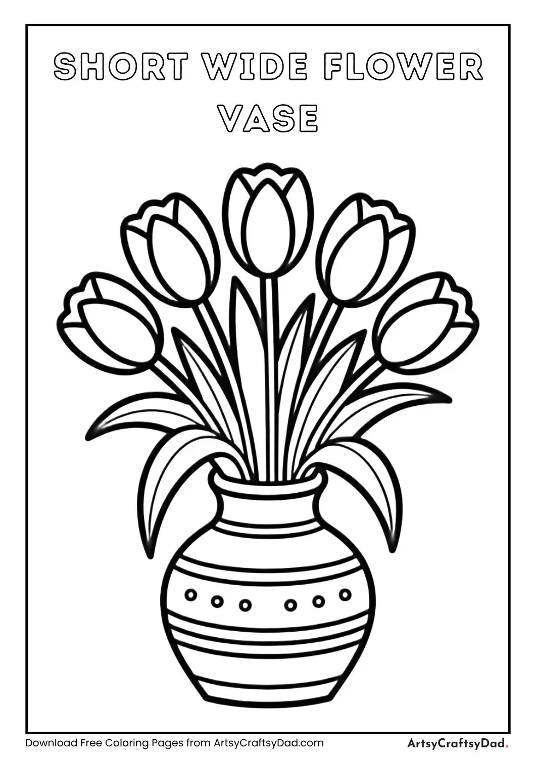 Short wide flower vase coloring page with big tulips and bold outlines