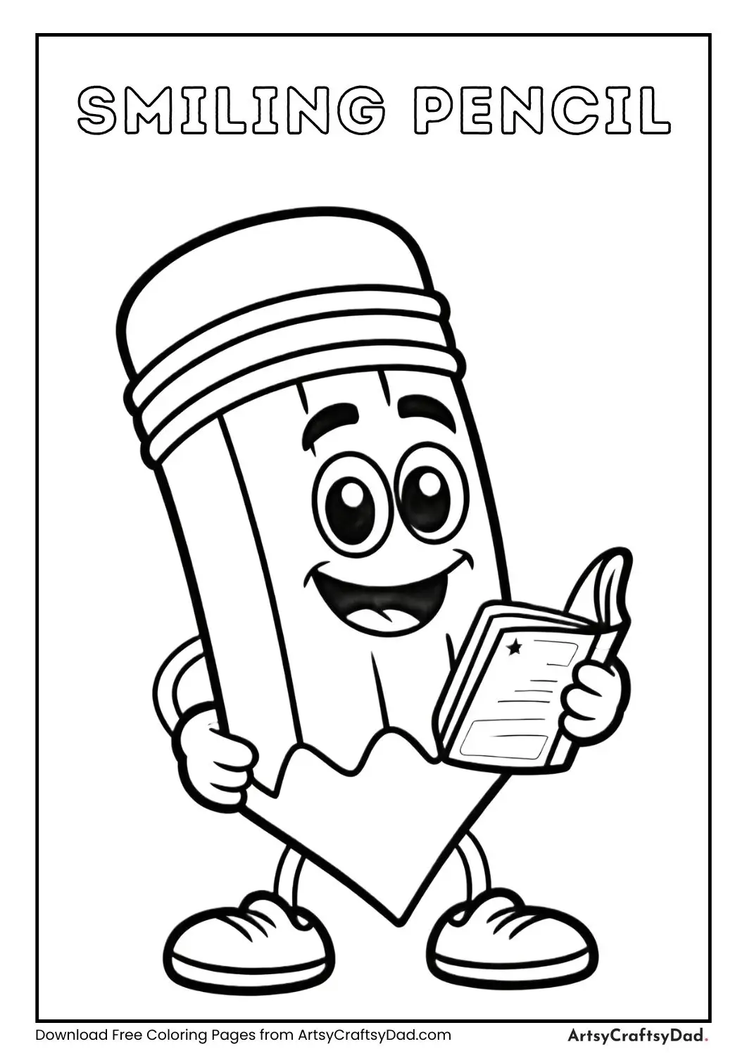 cute smiling pencil cartoon character holding notebook black and white coloring page