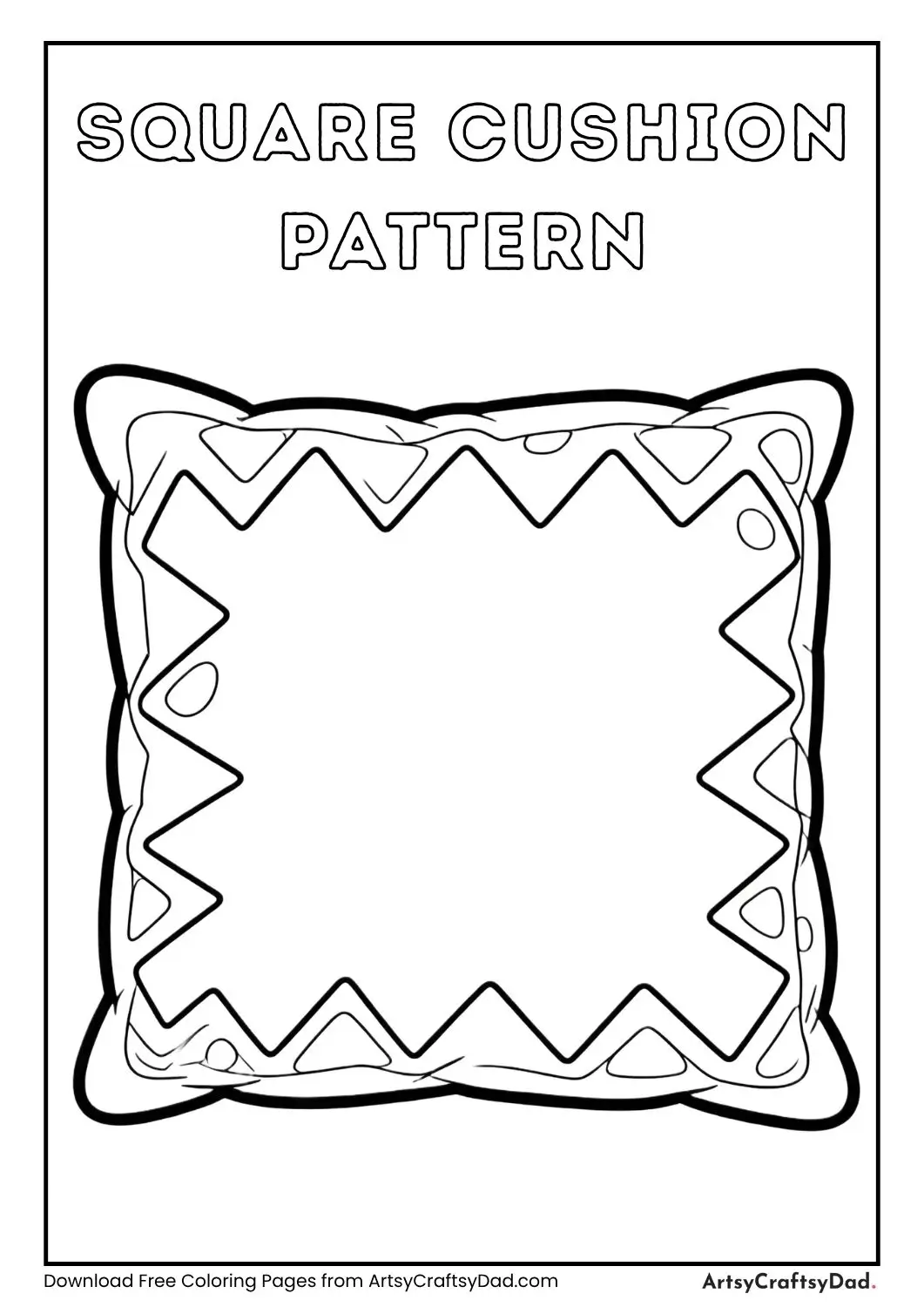 Square cushion with fun patterns like dots, flowers and zigzag coloring page
