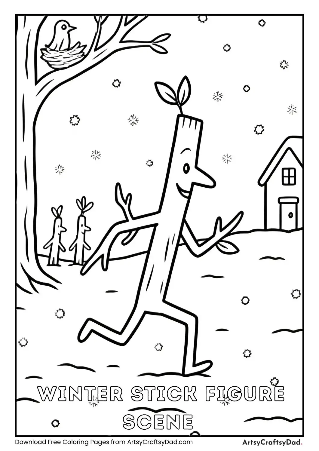 Black and white line drawing of stick figures in a winter scene with a house, tree, and falling snow.