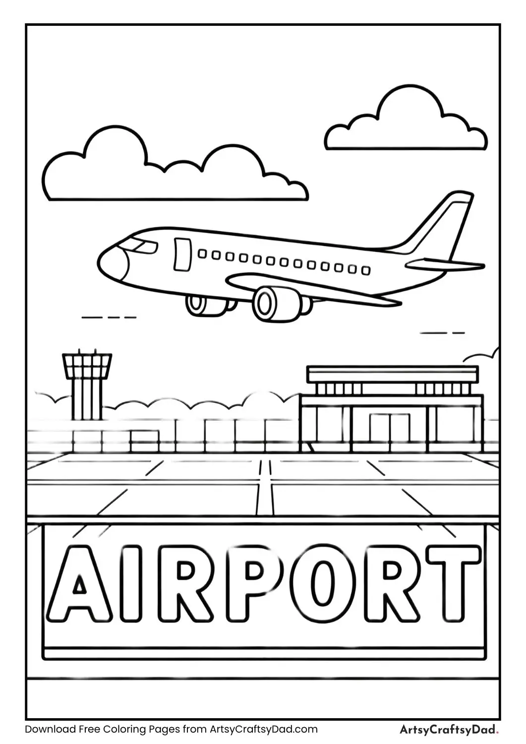 Simple airport coloring page with airplane and label airport