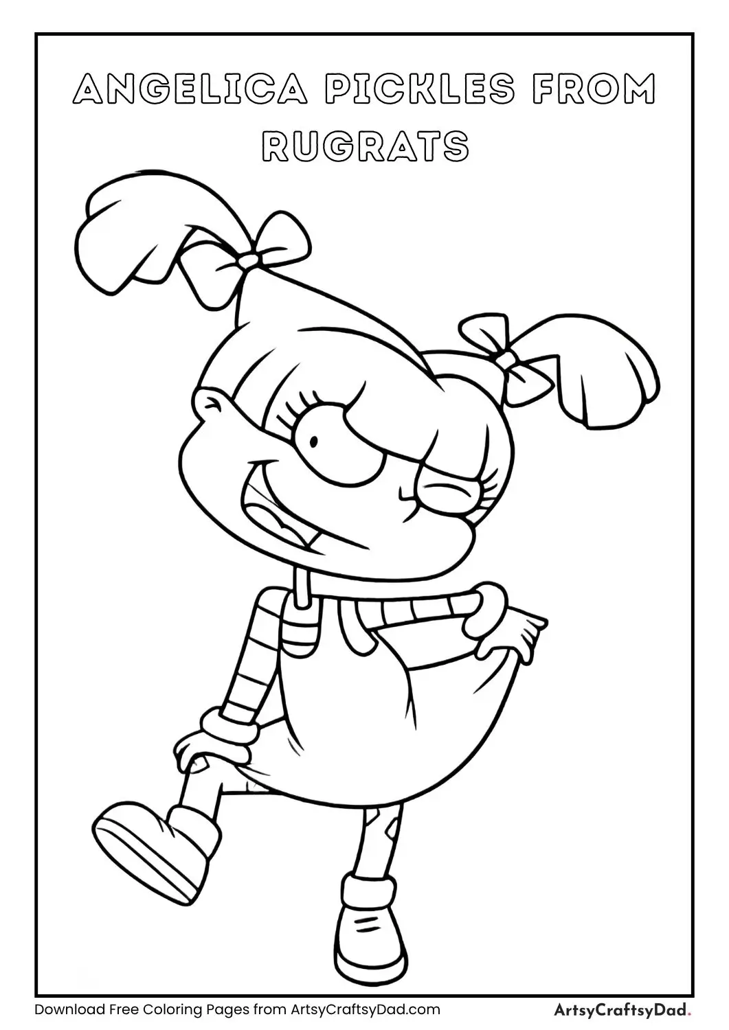 Black and white coloring page of Angelica Pickles from Rugrats wearing overalls and a striped shirt with a mischievous smile.