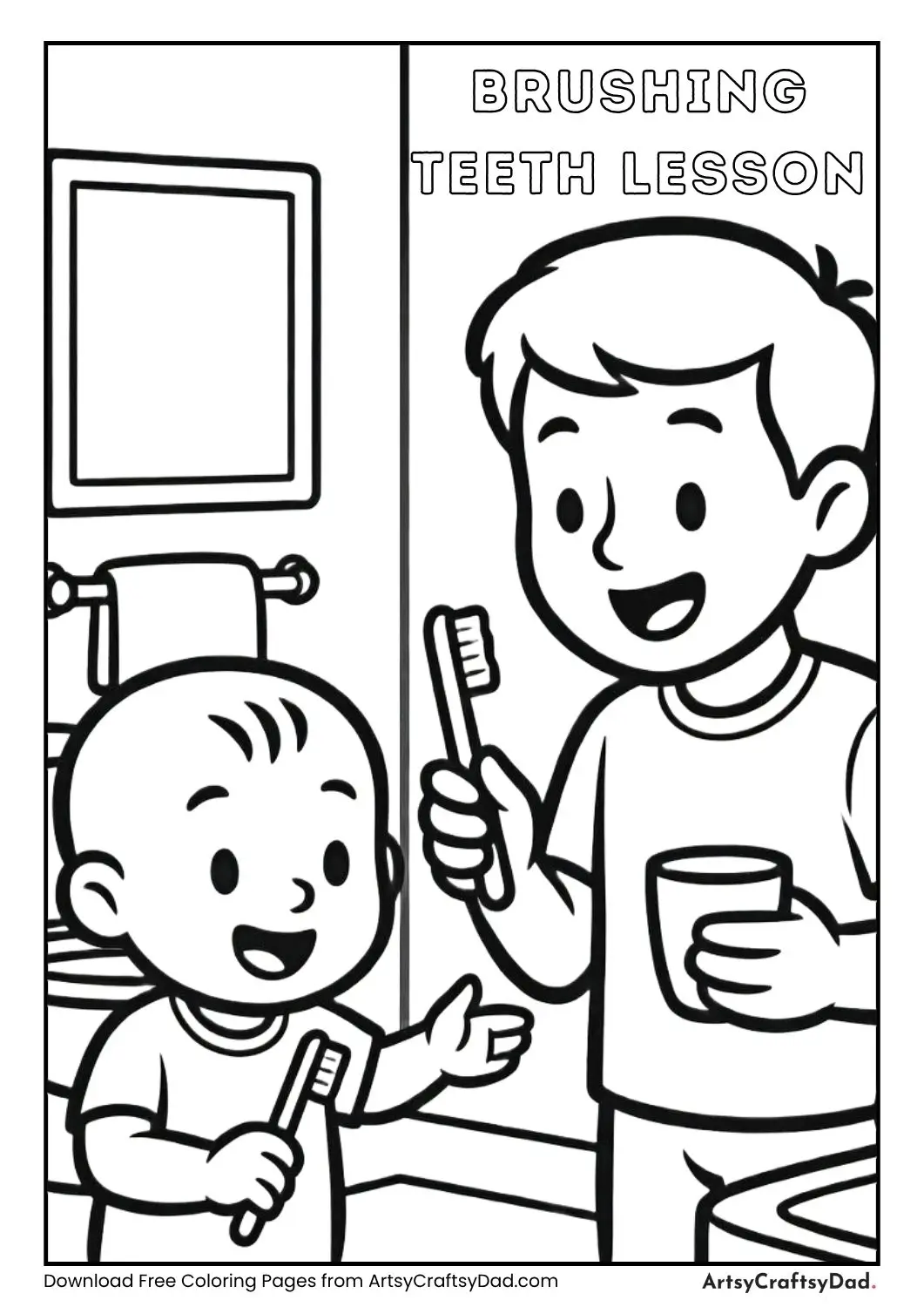 Baby teaching adult brushing teeth coloring page