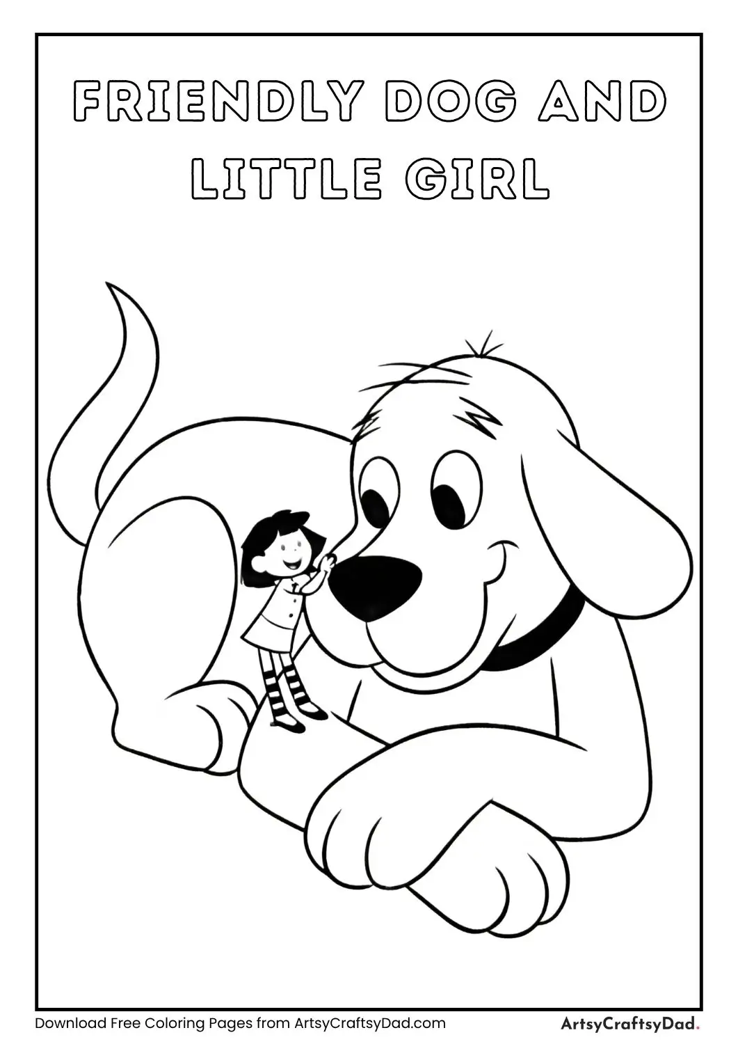 Large friendly dog lying down with a small smiling girl standing on its paw
