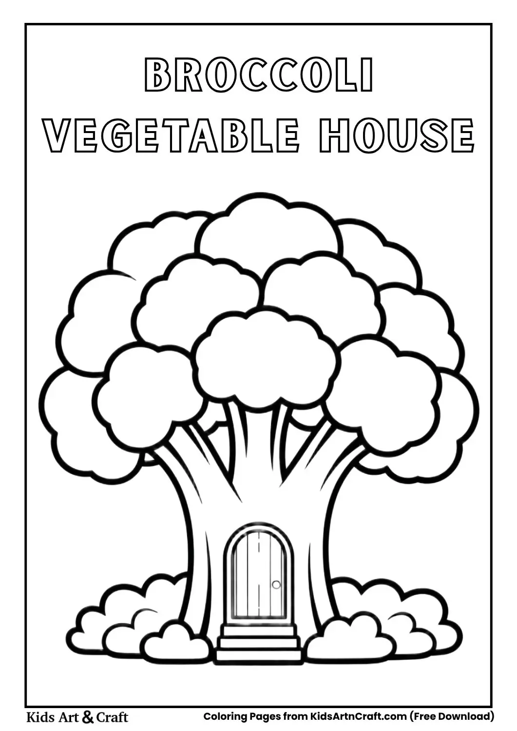 Broccoli shaped house simple black and white coloring page with bold outlines