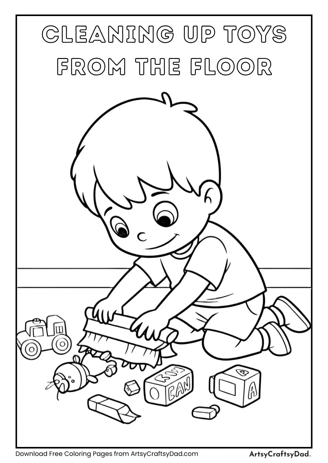 child picking toys from floor coloring page