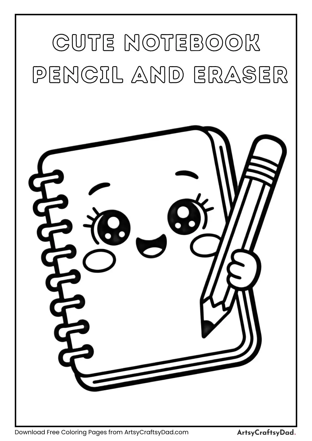kawaii notebook with pencil and eraser black and white coloring page