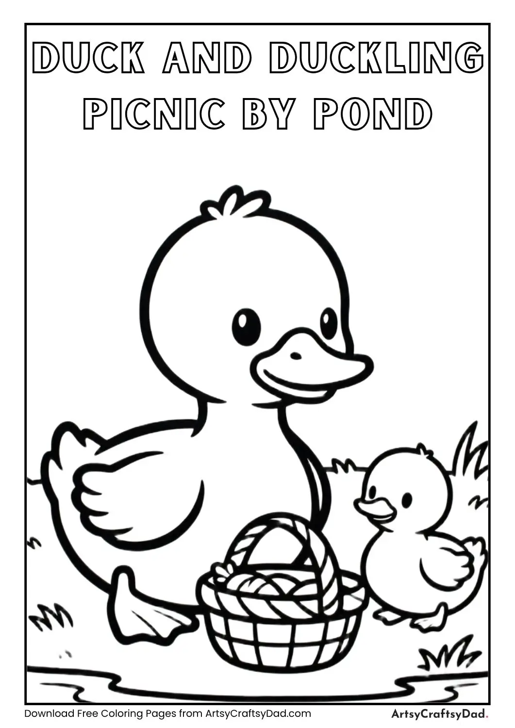 Duck and duckling having picnic near pond coloring page