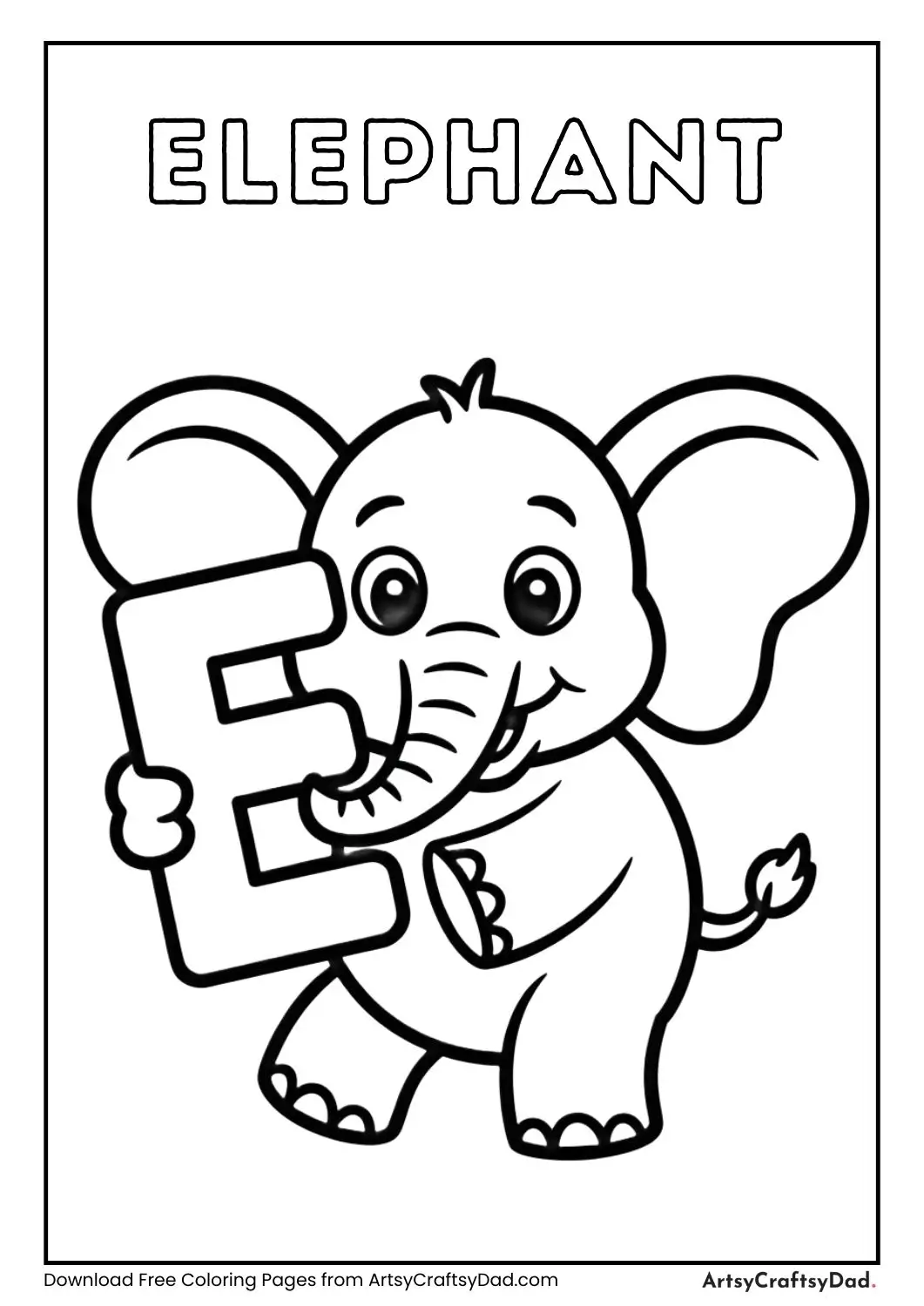 Elephant holding letter E with trunk coloring page