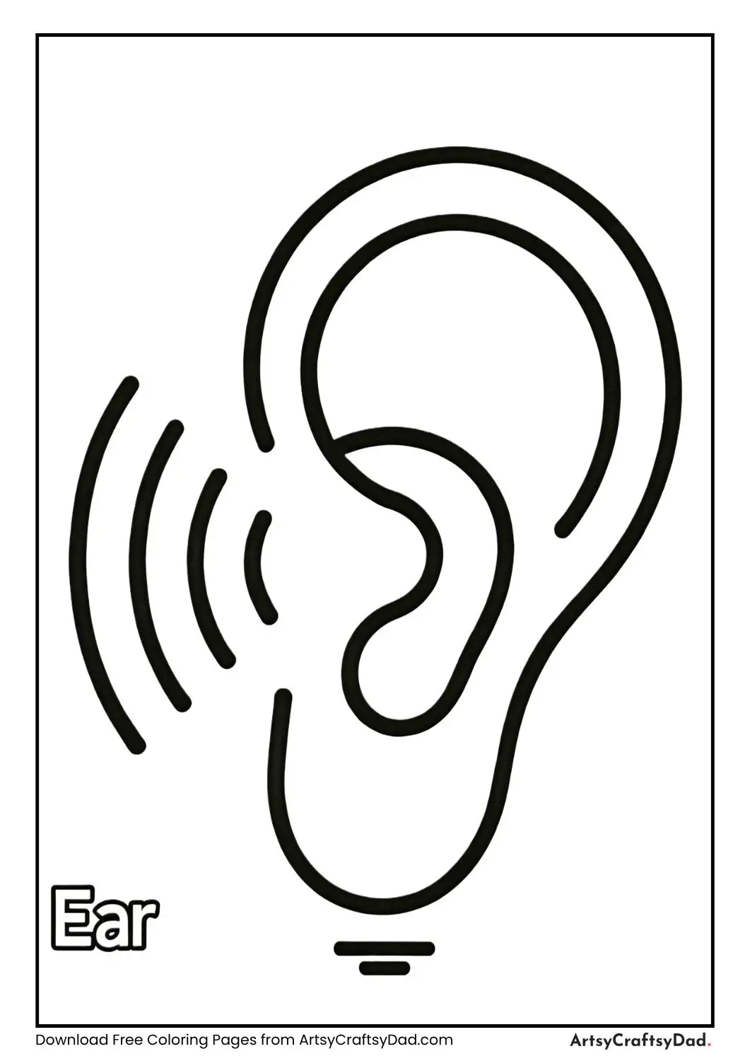 Ear labeled Hearing with sound waves coming out coloring page