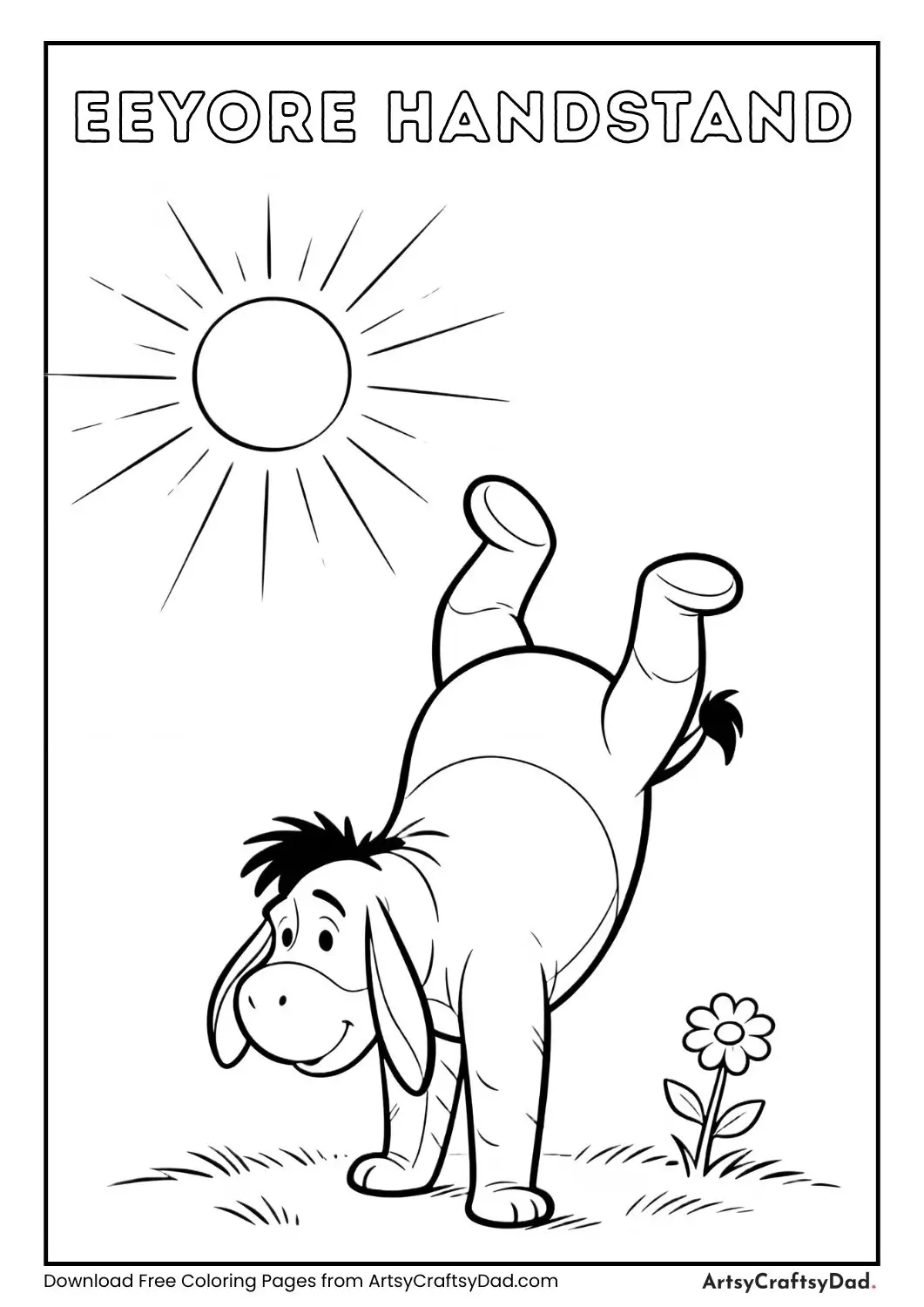 Eeyore doing a handstand with a flower on his tail under the sun