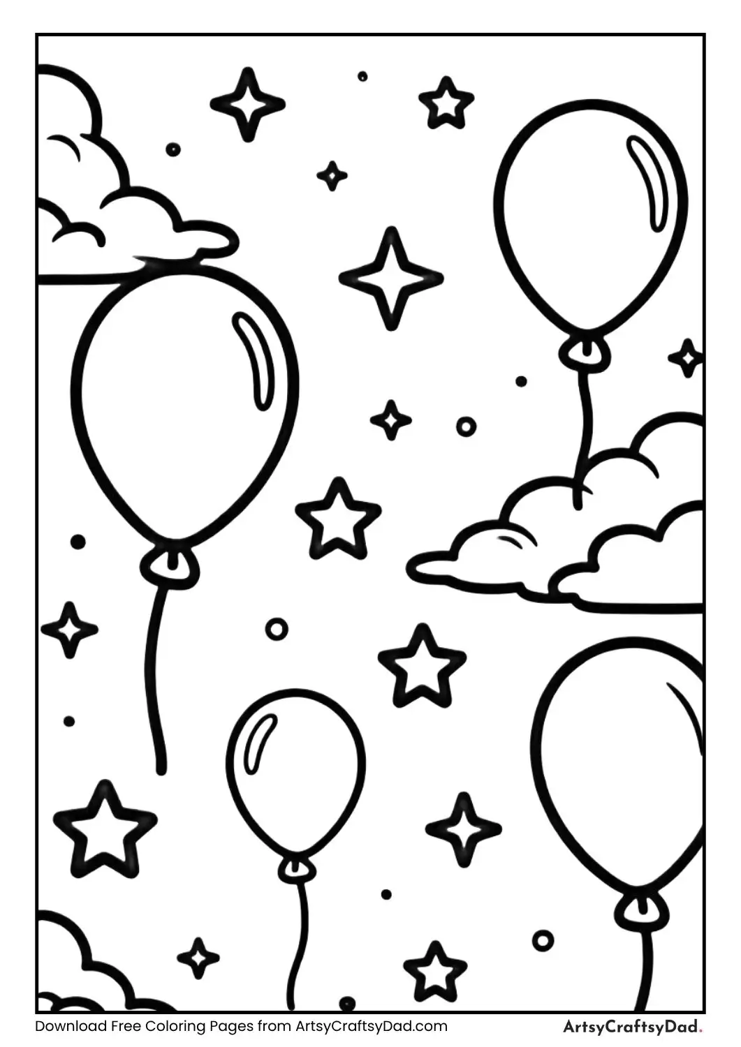 black and white balloons stars clouds coloring page for kids