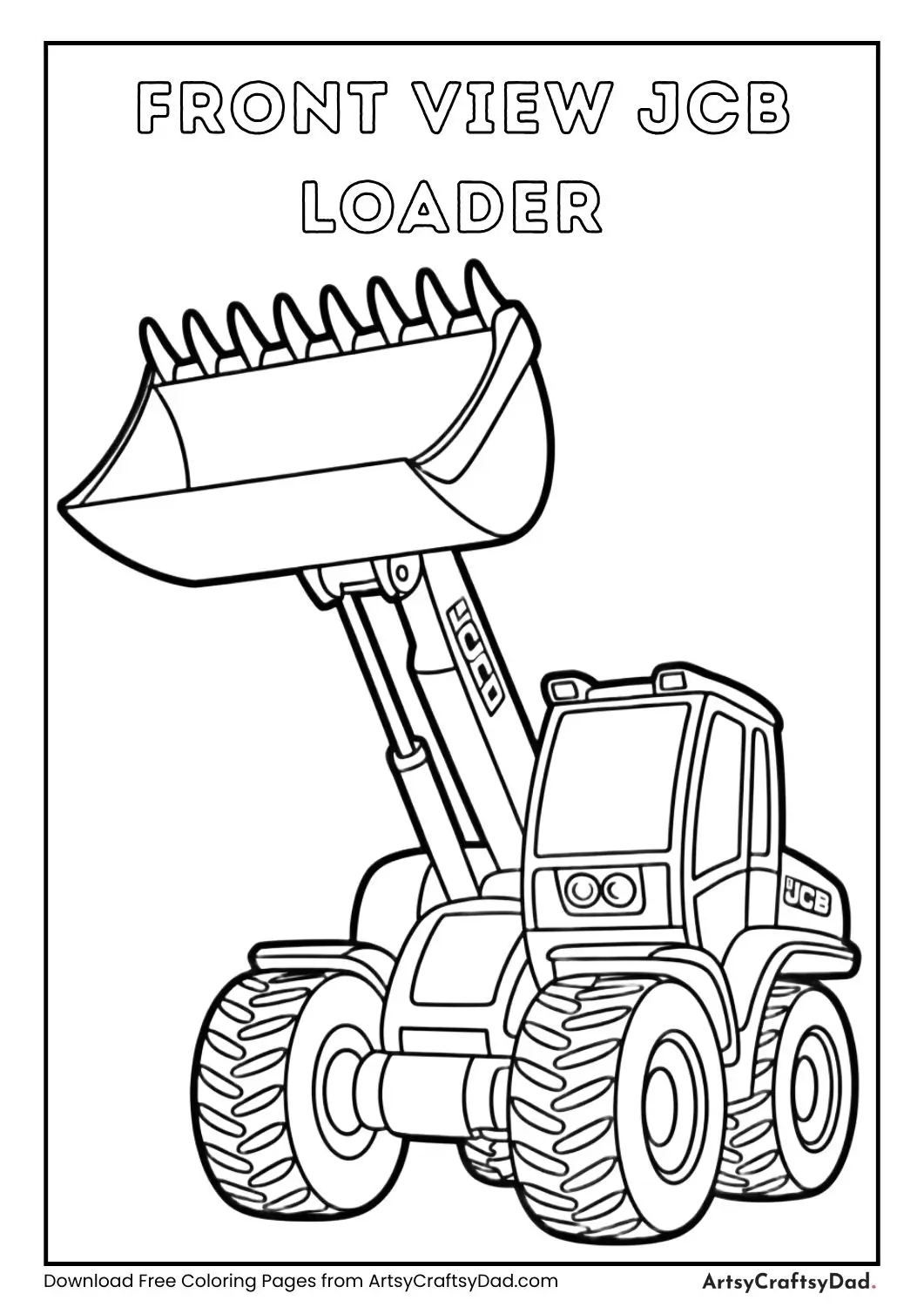 Front view JCB loader with bucket black and white coloring page