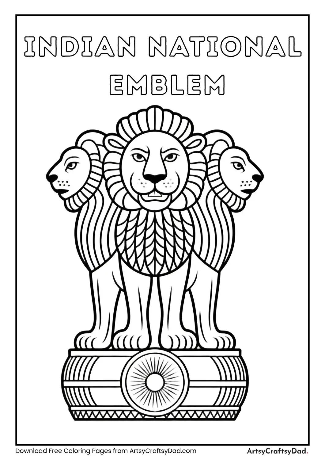 Indian national emblem Ashoka lions black and white coloring page for kids