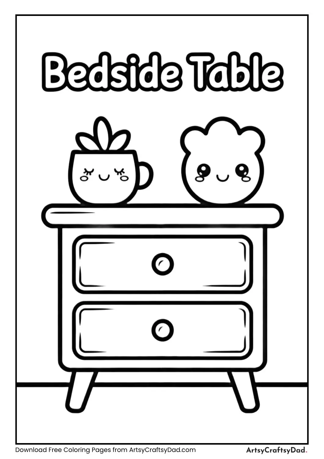 Simple kawaii bedside table black and white coloring page with label BEDSIDE TABLE