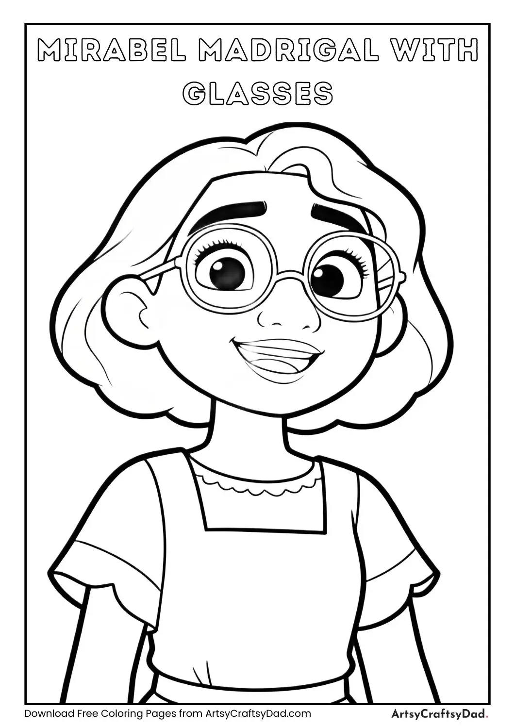 Mirabel Madrigal with glasses, black-and-white simple coloring page for children.