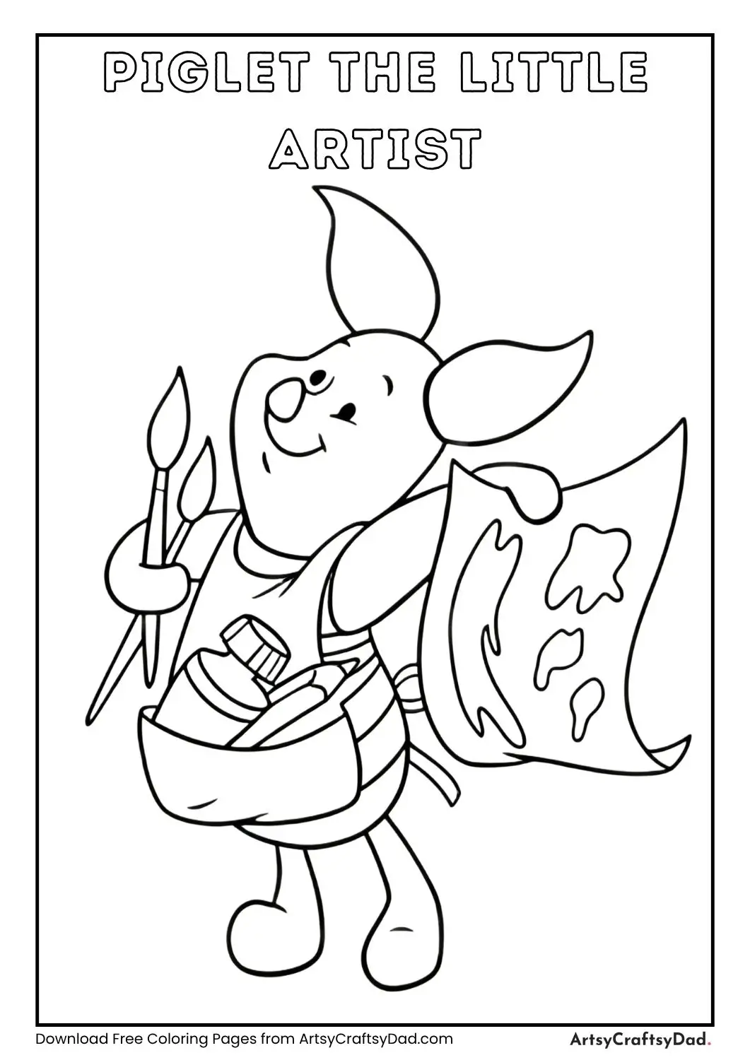 Black and white coloring page of Piglet wearing an apron and holding paint brushes, bottles, and a canvas.