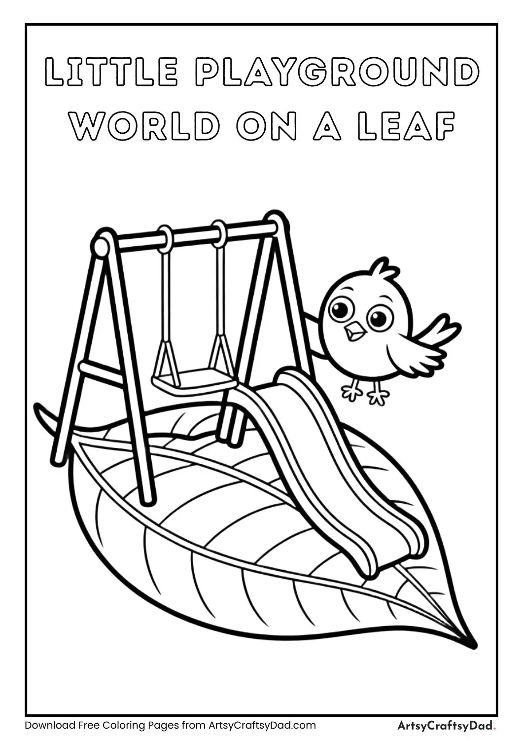 Tiny playground on a leaf with swing and slide simple kids coloring page