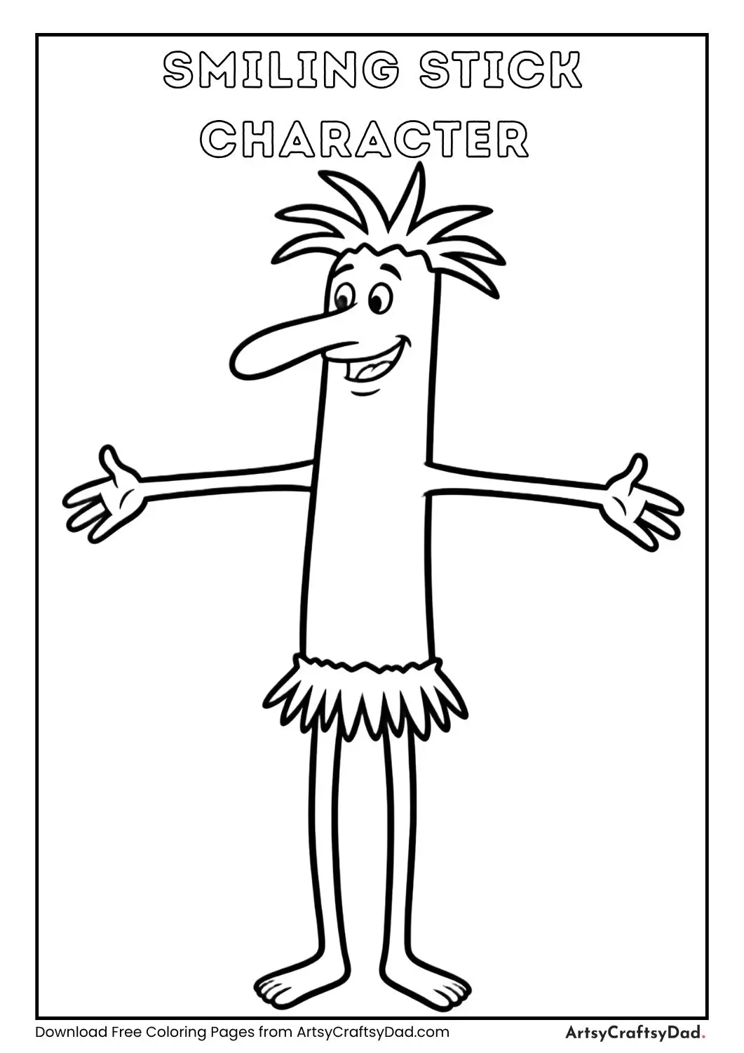 Black and white line drawing of a cartoon stick character with spiky hair and a smiling face.