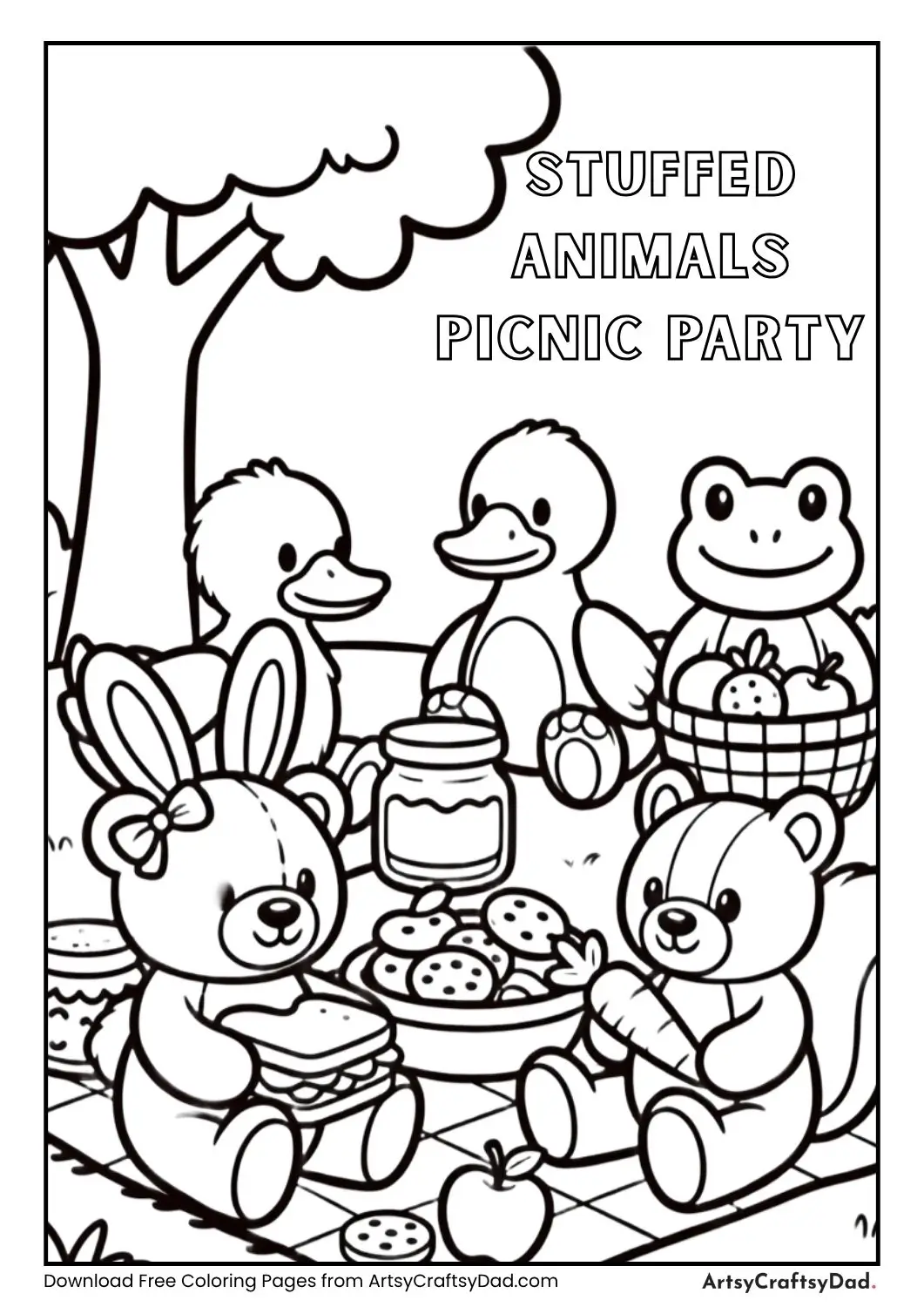 Stuffed animals picnic party coloring page