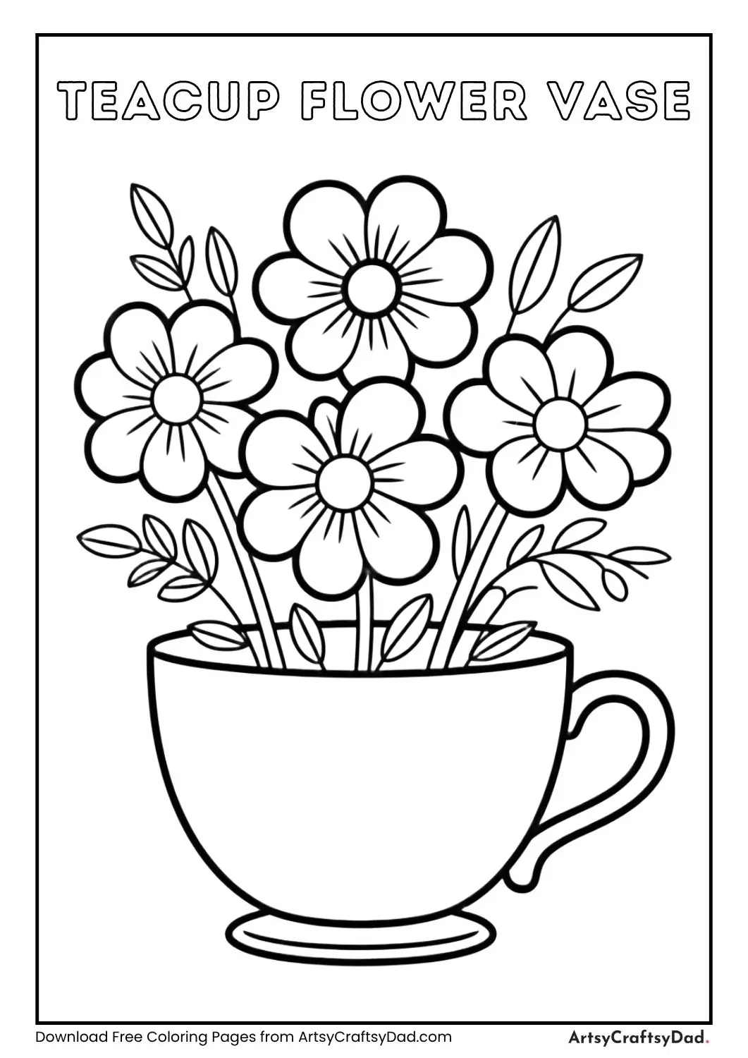Teacup shaped flower vase coloring page with large flowers for children