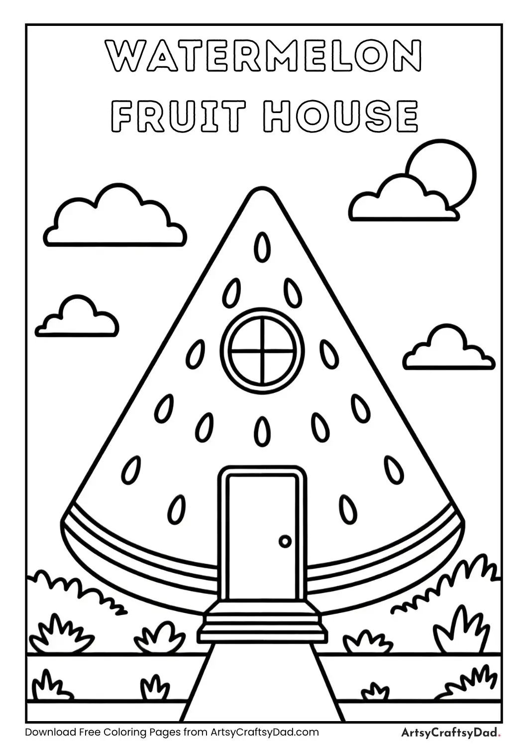 Simple watermelon slice house black and white coloring page for kids