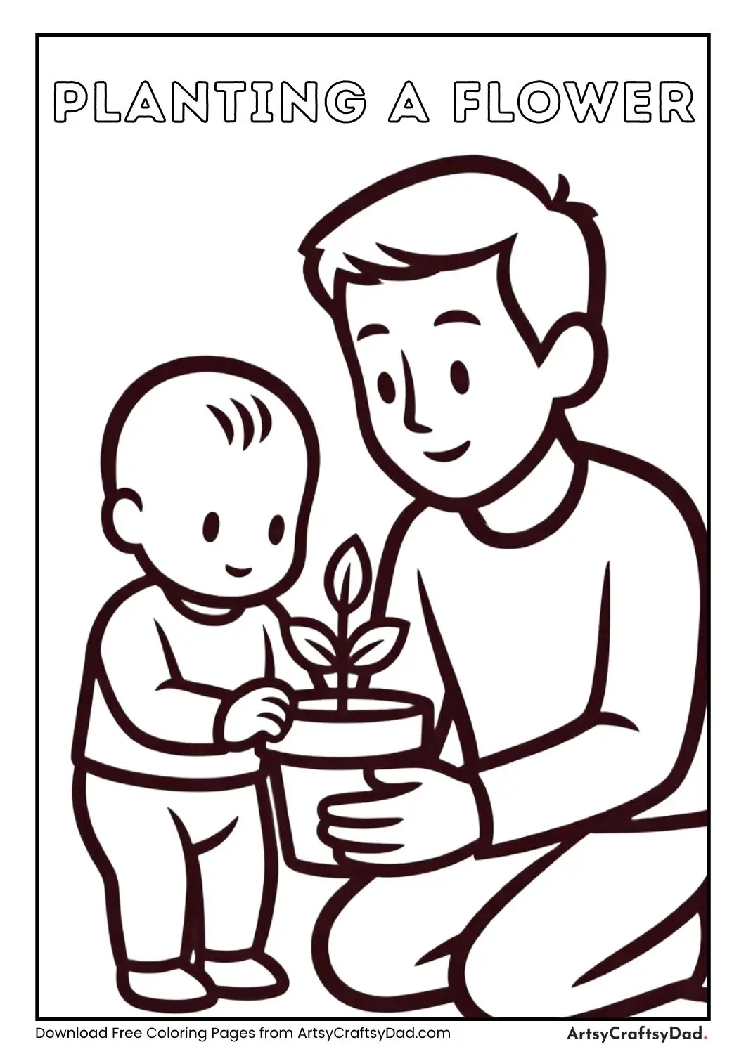 Baby teaching adult planting flower coloring page