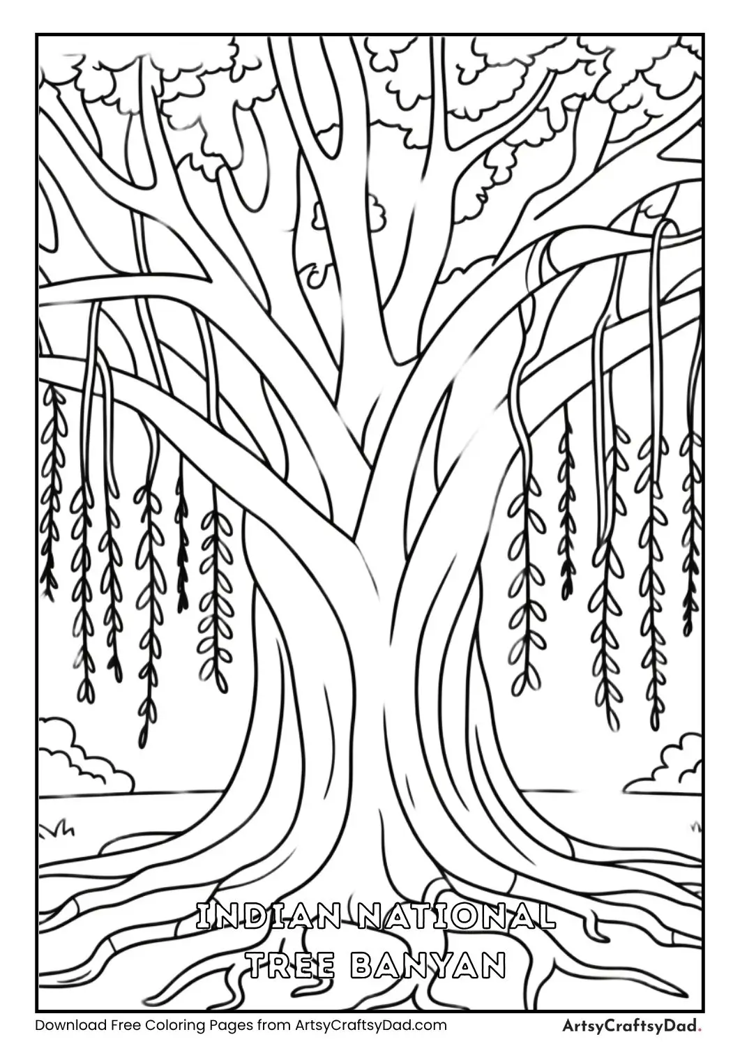 Banyan tree black and white coloring page Indian national tree for children