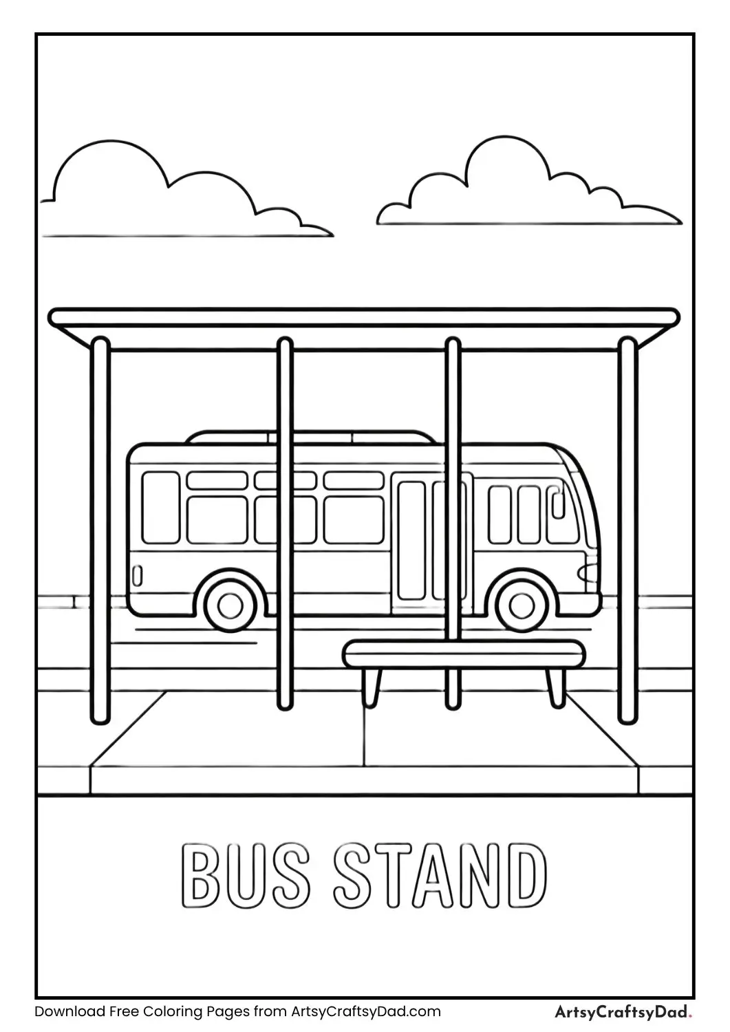 Easy bus stand coloring page with bus and label bus stand