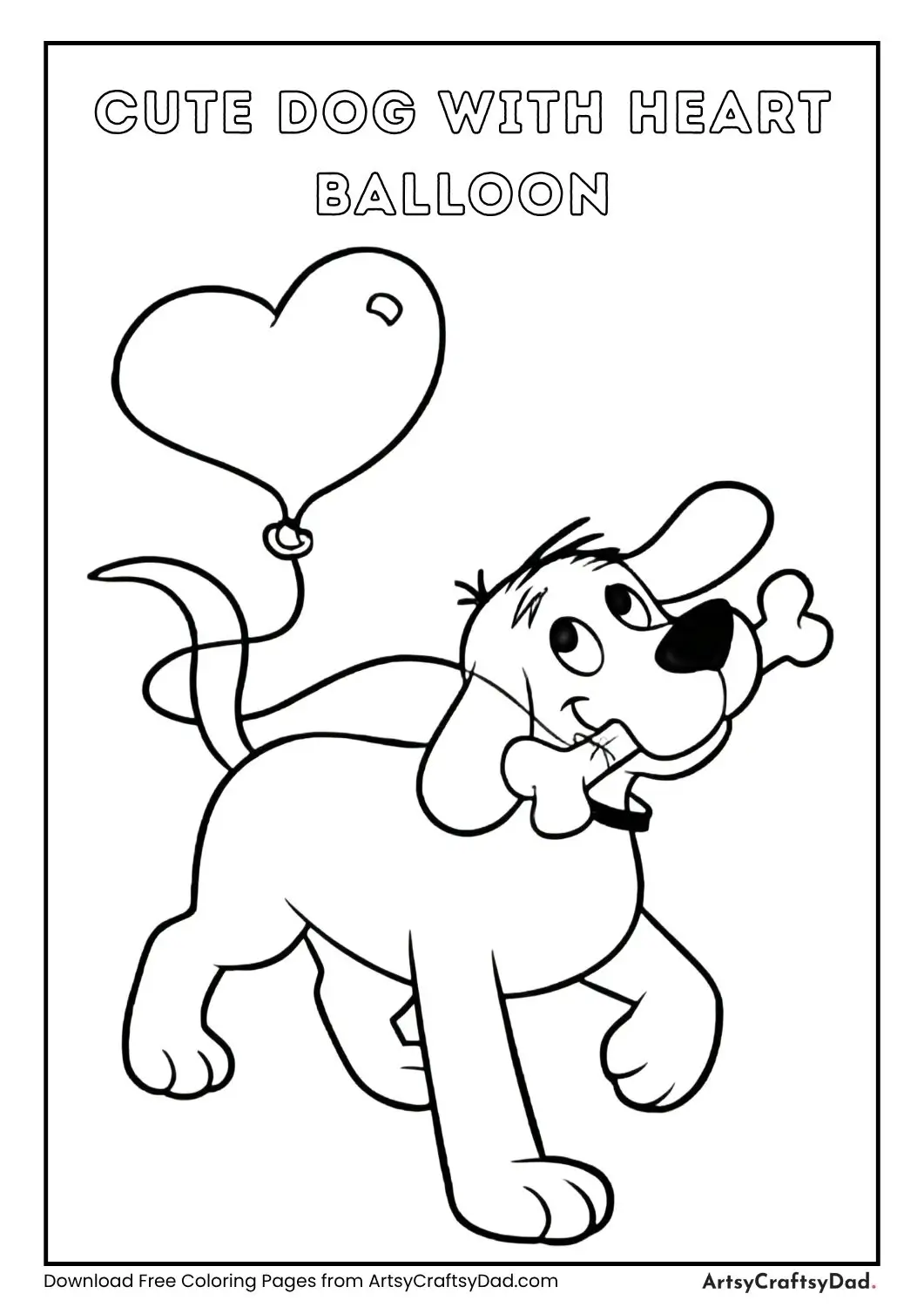 Cartoon dog holding a bone and a heart-shaped balloon in a simple black and white coloring page