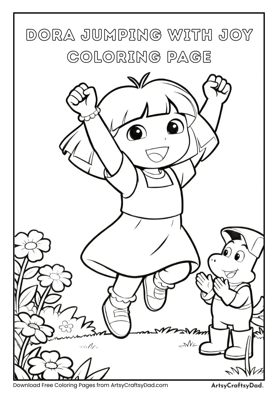 Dora jumping with excitement while Boots claps coloring page