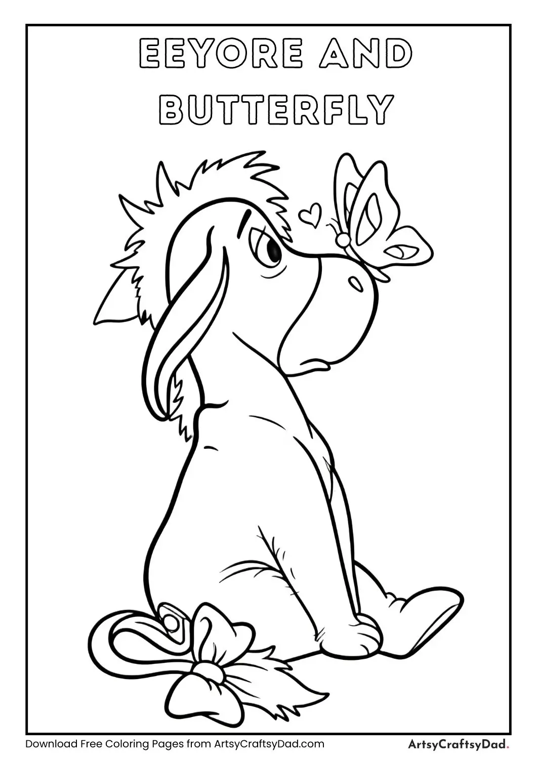 Eeyore sitting with a butterfly perched on his nose