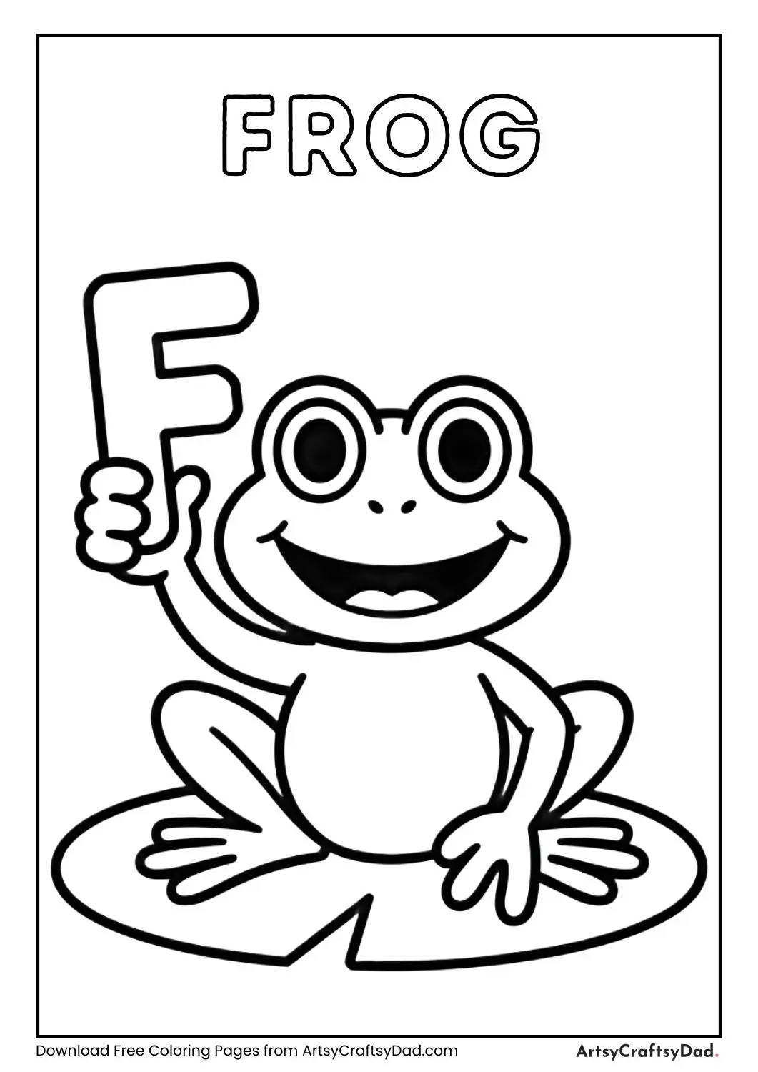 Frog holding letter F on lily pad coloring page