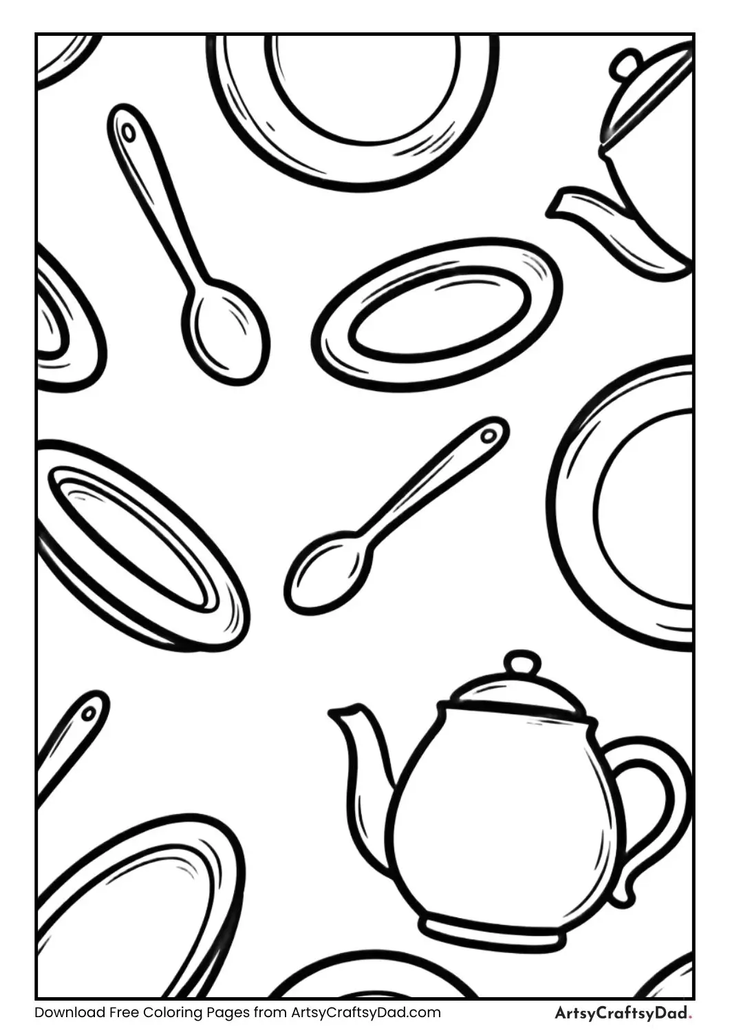 black and white spoons plates teapot floating coloring page