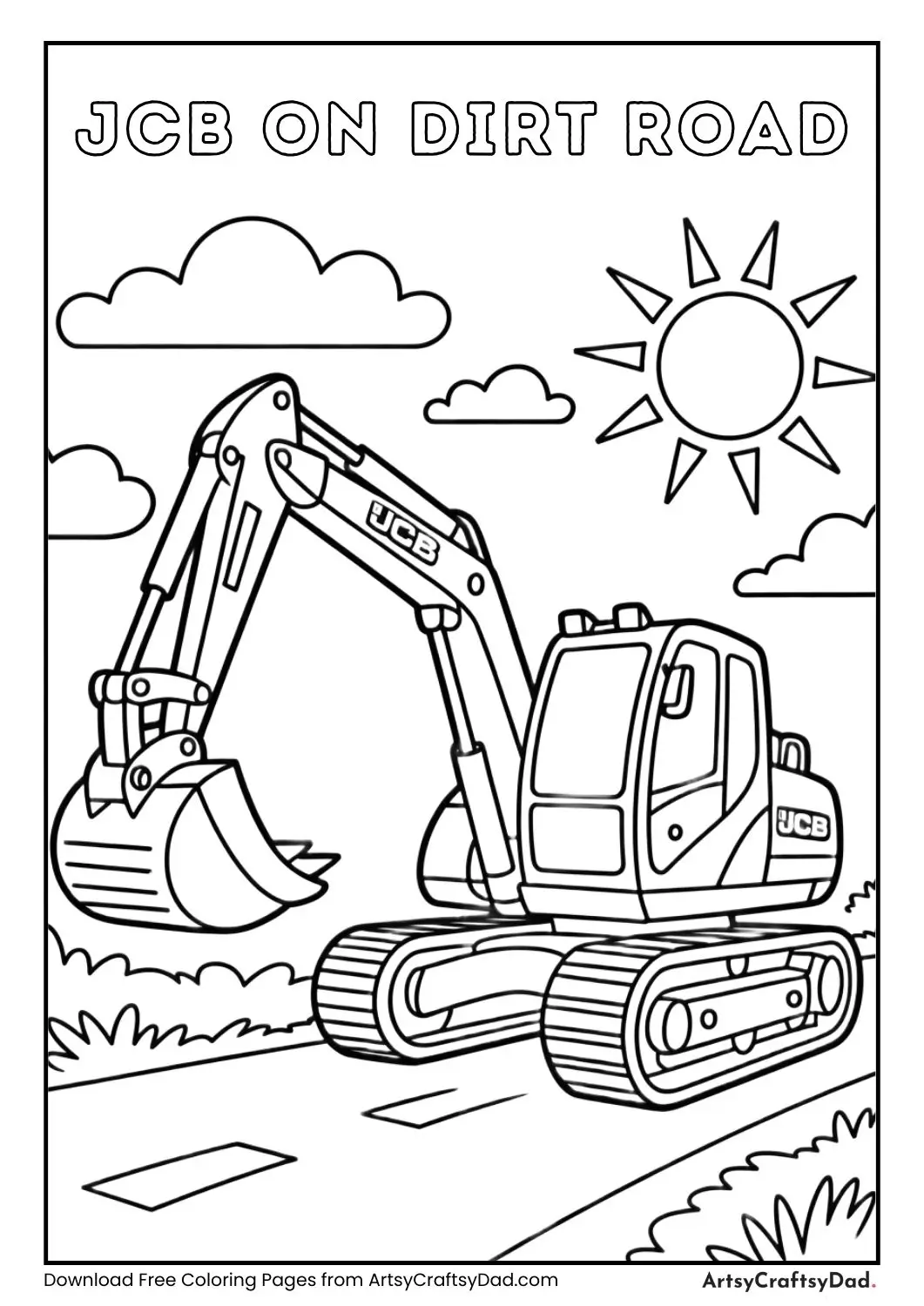 Mini JCB excavator on dirt road with sun and clouds coloring page