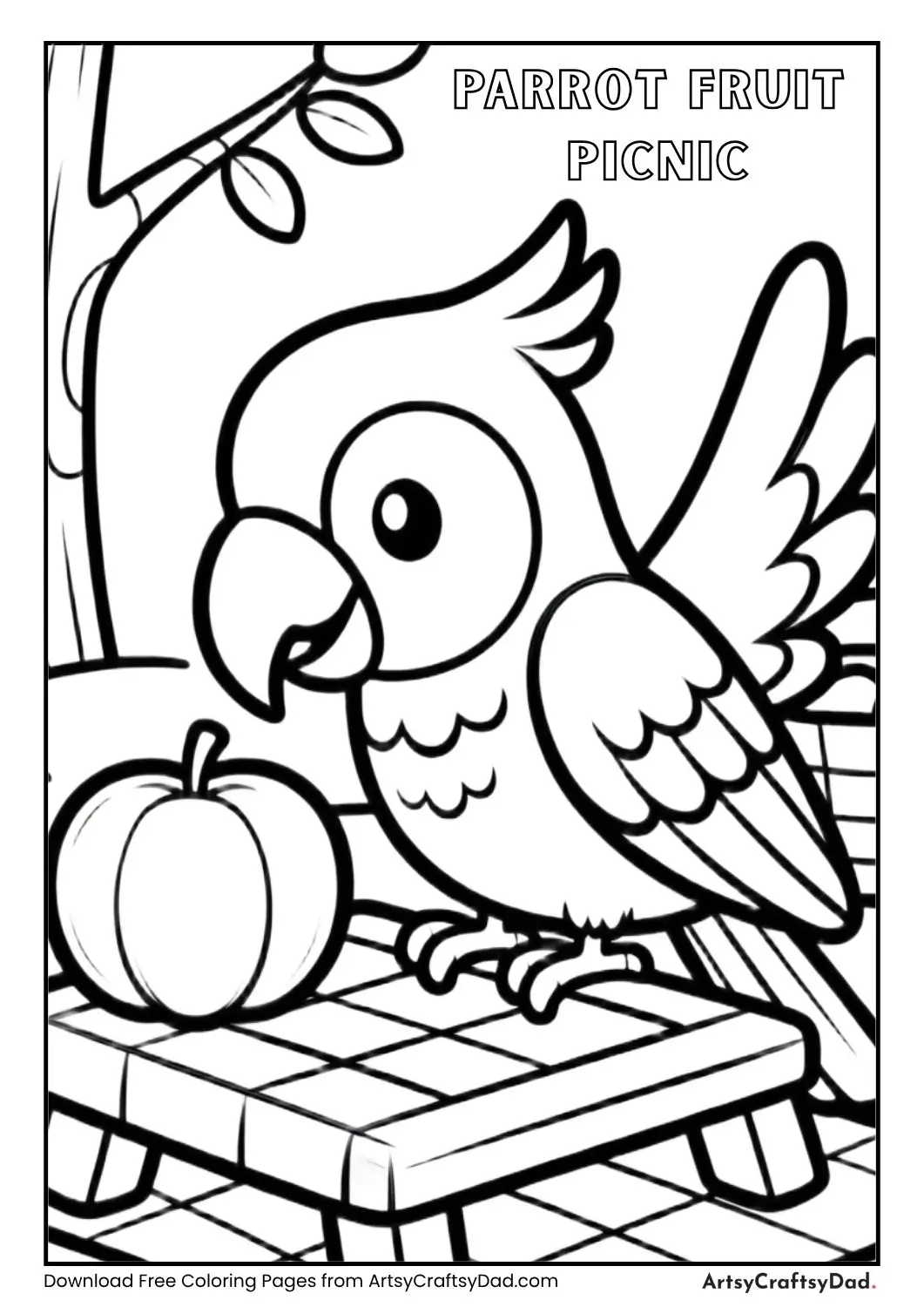 Parrot eating fruit during picnic coloring page
